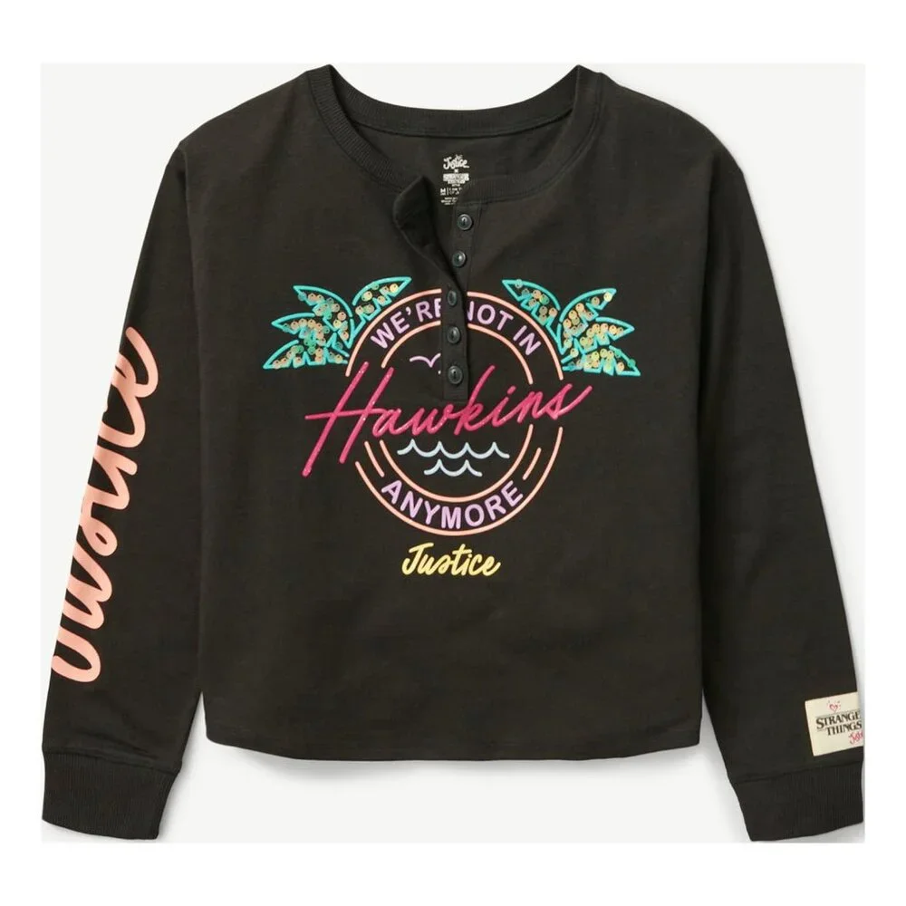 Justice Girls S STRANGER THINGS Long Sleeve Black Henley Shirt SIZE 7-8 NEW